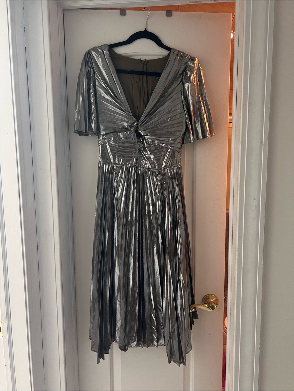 Anthropologie Short Sleeve Silver Metallic Cutout Midi Dress SZ Small Petit